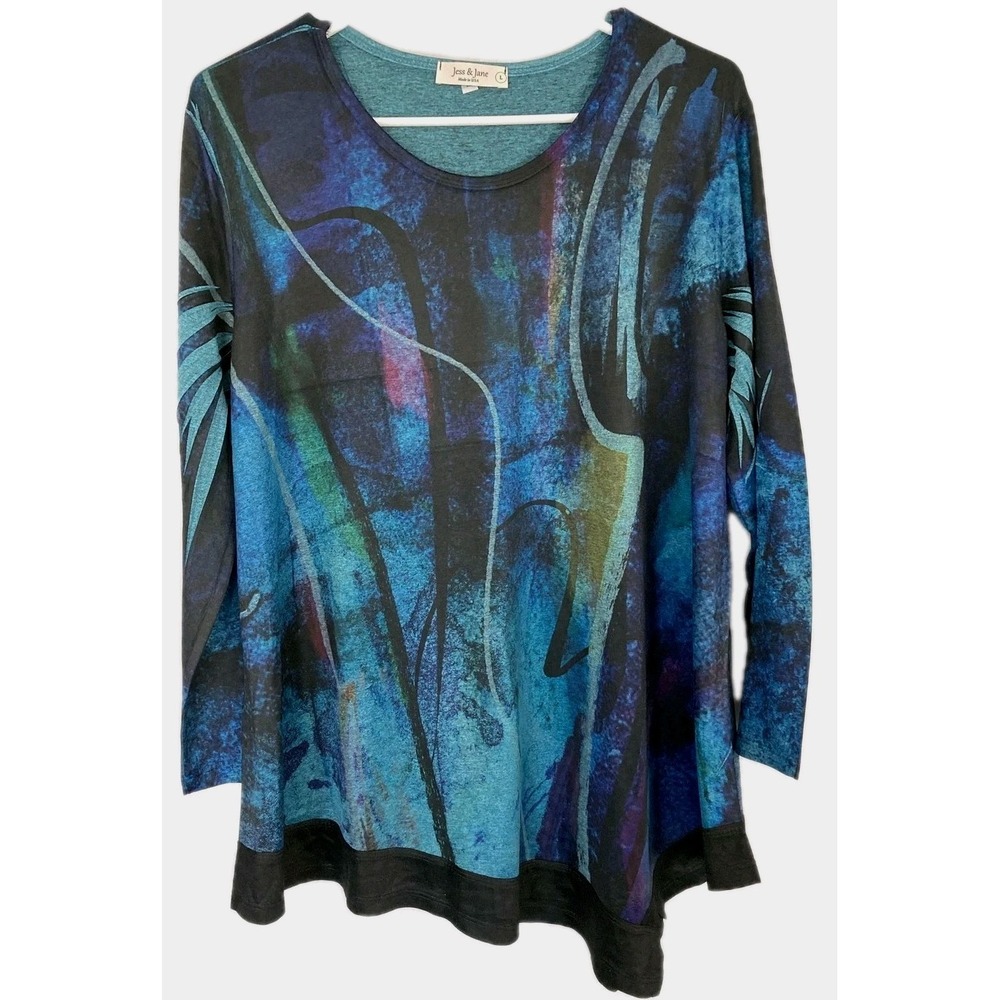Jess & Jane Tunic Top Women L Blue Abstract Long Sleeve Asym Hem Made USA EUC